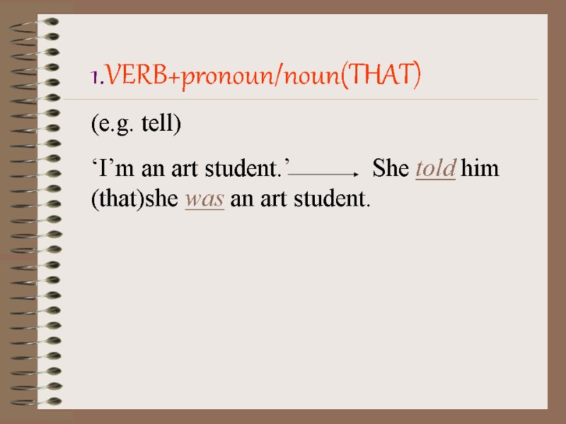 1.VERB+pronoun/noun(THAT) (e.g. tell) ‘I’m an art student.’       